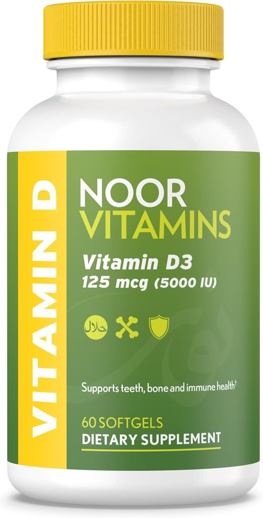 Noor Vitaminen Halal Vitamine D, Halal Vitamine D3, 5000 IE Softgels, Ondersteunt Bone, Immune & Heart Health, van Saffloer Oil tot Maximalize Absorptie, Non-GMO, Glutenvrij & Halal (60 telling)...