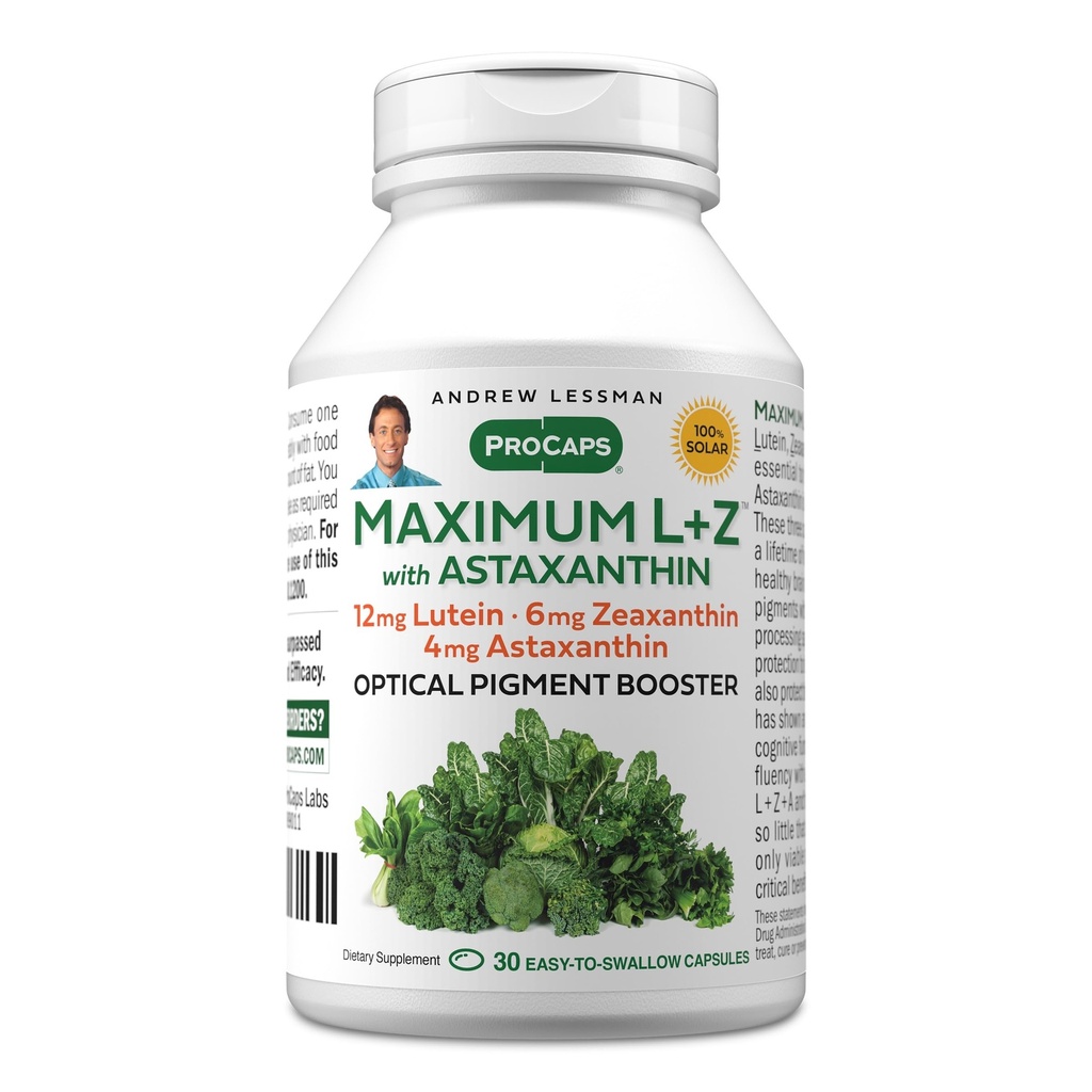 ANDREW LESSMAN Maximum L+Z met Astaxanthine 30 Softgels - 12mg Luteïne, 6mg Zeaxanthine, 4mg Astaxanthine. Belangrijke voedingsstoffen om Eye en Brain Health te ondersteunen en een gezonde visie te bevorderen.