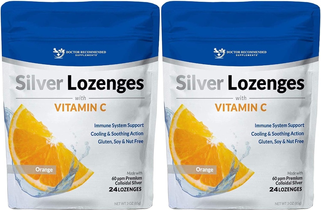 Silver Lozenges met Vitamine C - Premium Nano Silver 60 PPM Colloïdaal Zilver, Biologische Honing en Vitamine C Mineraal Supplement Drops ter ondersteuning van Immune System, Soothe Cough & Throat - Pack of 2