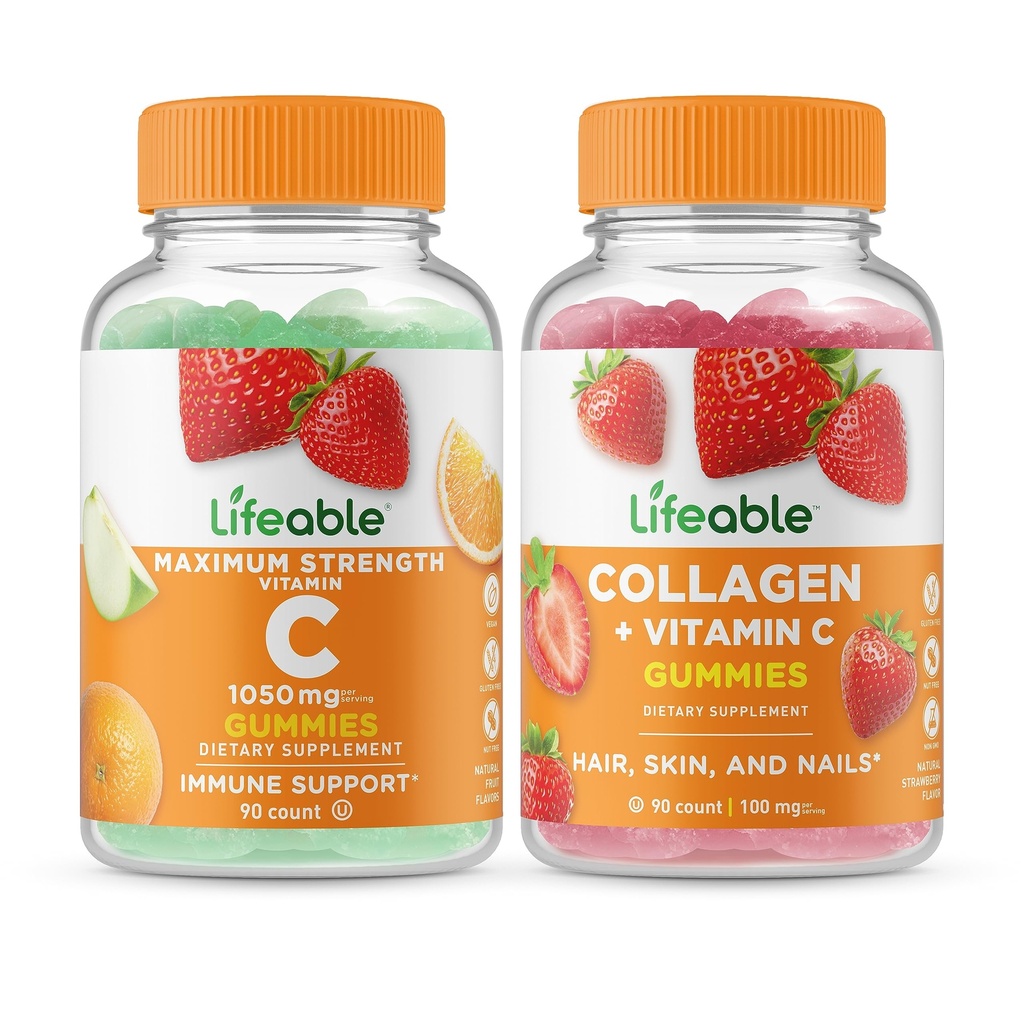 Levensvatbare vitamine C 1050mg + Collageen & Vitamine C, Gummies Bundle - Grote Proeverij, Vitaminesupplement, Glutenvrij, GGO-vrij, Kauwgom