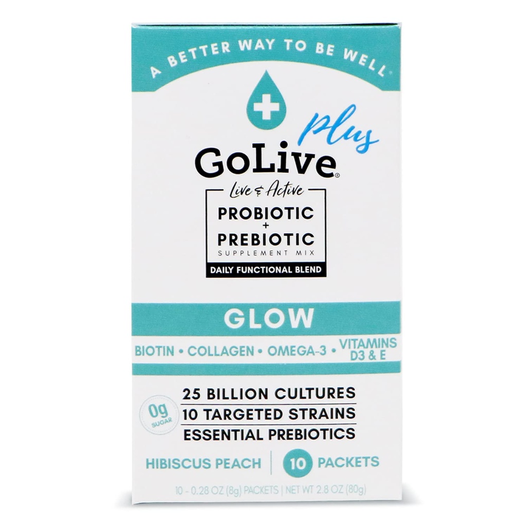 GoLive Probiotica & Prebiotica voor vrouwen en mannen Glow for Beauty, Sugar-Free Synbiotic Powder. +25 Bllion CFUs; 10 Klinische Strains for Healthy, Immune & Digestief Health, 10 Count (Pack of 1)