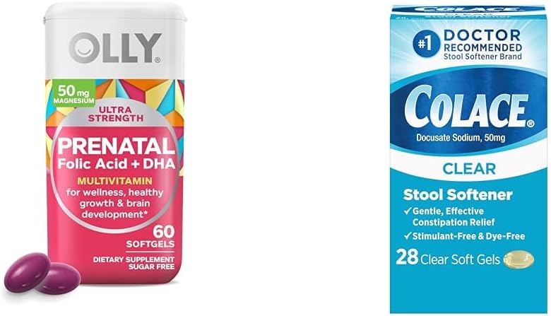 OLLY Ultra Strength Prenatale Multivitamine Softgels met Hersenontwikkeling Ondersteuning + Colace Clear Stool Softener Capsules, 28 Tellen