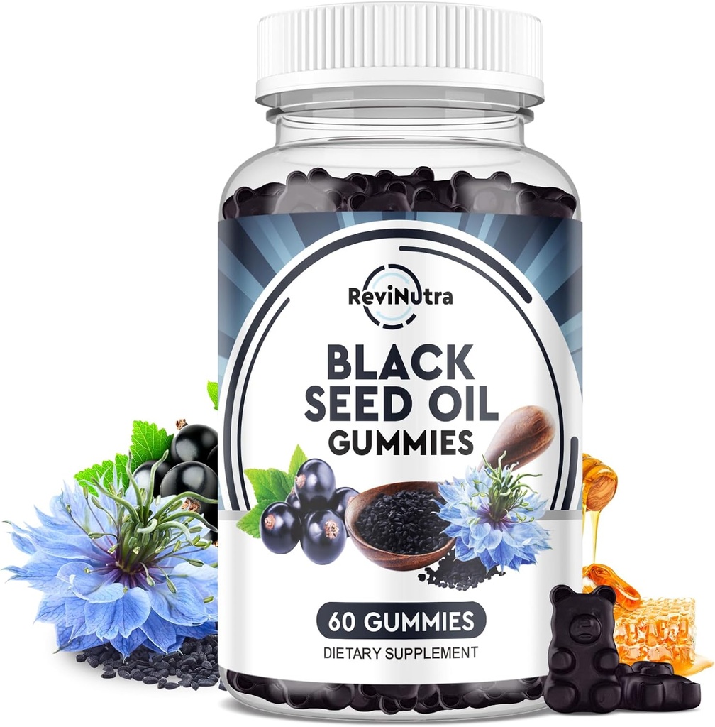 Zwarte zaadolie Gummies-Organische koude geperste Nigella Sativa Zwarte zaadolie met honing, vitamine B6, C, D3, Kurkuma, Granaatappel, Ondersteuning Immuniteit, Digestie, Hersenfunctie, Hair & Skin-60 Gummies
