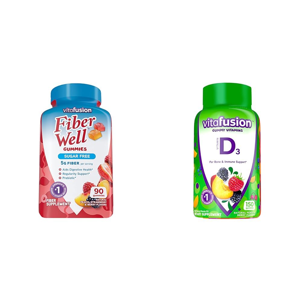 Vitafusion Fiber Well Supplément de fibre sans sucre et vitamine D3 Vitamines gommy pour os et immunosupport du système, pêche, mûre et fraise, 50 mcg de vitamine D, 75 jours d'approvisionnement, 150 comte