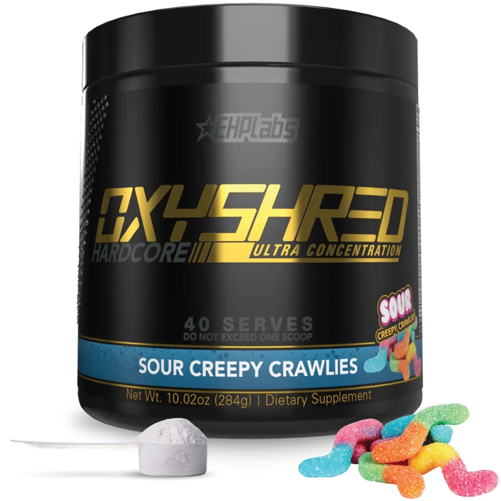 EHP Labs OxyShred Hardcore Super gedoseerd Pre Workout Powder - Preworkout Powder with L Glutamine & Acetyl L Carnitine, Energy Boost Drink - 275mg Cafeine - Sour Crawleys, 40 Servers