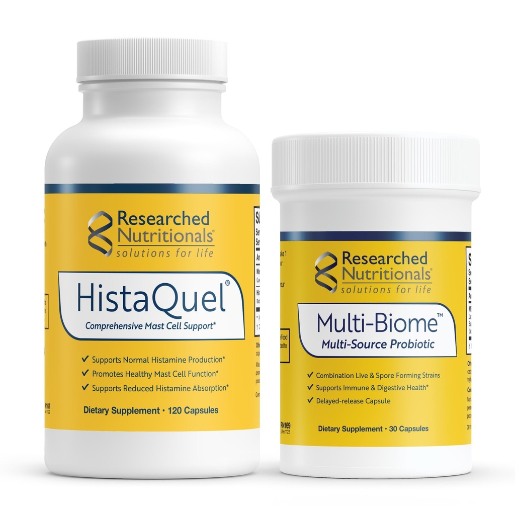 Onderzoek naar de ondersteuning van Mast Cells - HistaQuel ter ondersteuning van normale Histamineproductie (120 capsules) & Multi-Biome Multi Strain Probiotic for Immune & Histamine Support (30 capsules)
