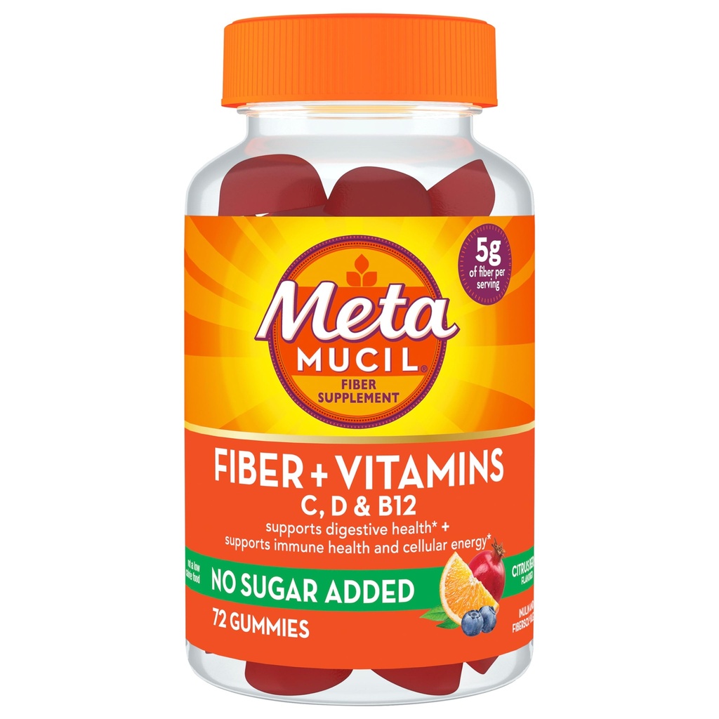 Metamucil Fiber Supplement 72 Gummies, Fiber + Vitaminen C,D & B12 geen Suiker Toegevoegd, Ondersteuning Digestief heelt + Ondersteuning Immune Health, Citrus Berry Flavor.