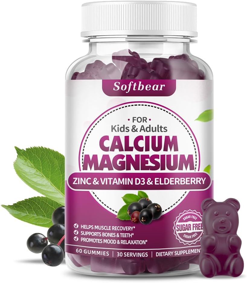 softbear Calcium Magnesium Zink Gummies voor Vrouwen, Hoge Absorptie Calcium Magnesium Supplement voor Bot Kracht, Suikervrij, Veganistisch, Vlierbessen smaak 60 Gummies