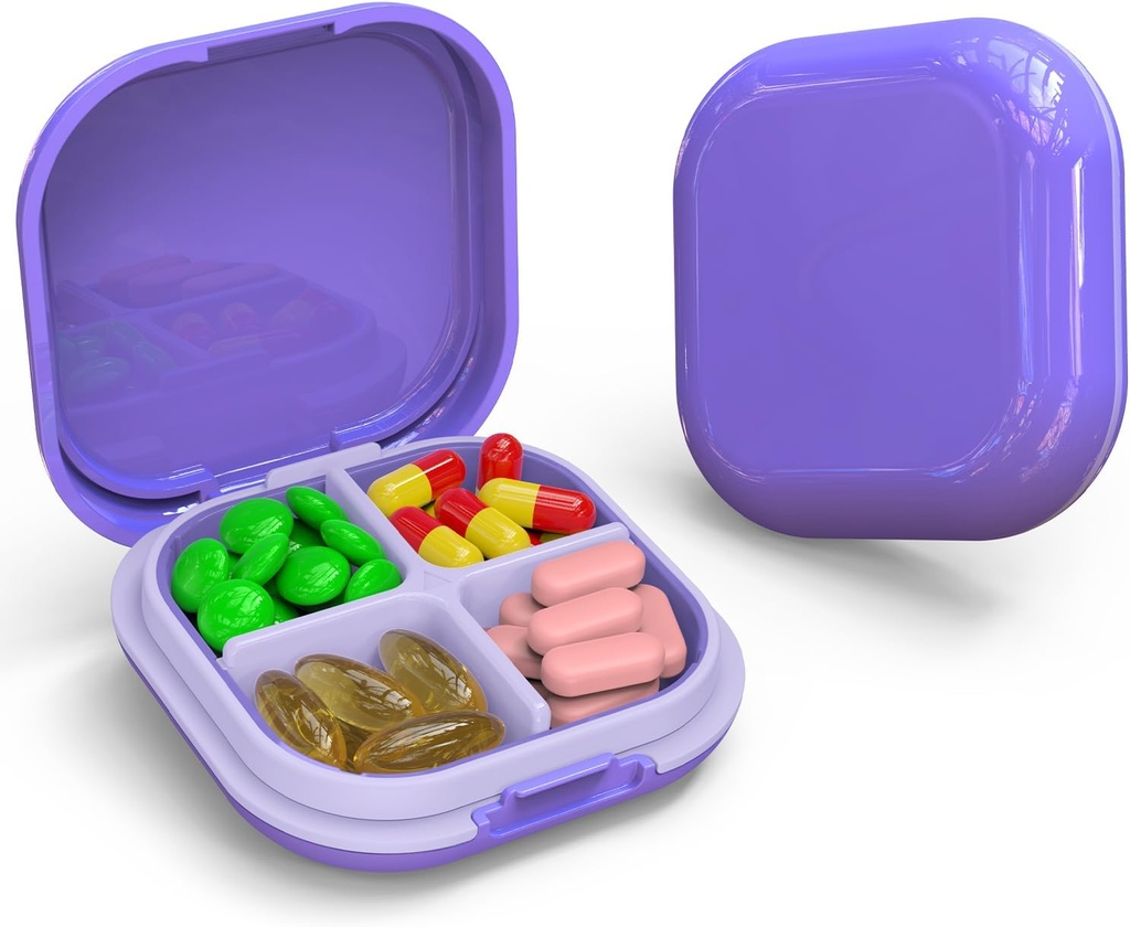 Dagelijkse pil Organizer 4 Compartments, Kleine pil Box Portable Travel Pill Case, Mini Pill Container voor Purse Pocket, Compact Travel Medicine Organizer voor Vitamine, kabeljauw Leverolie, Supplement (Paars)