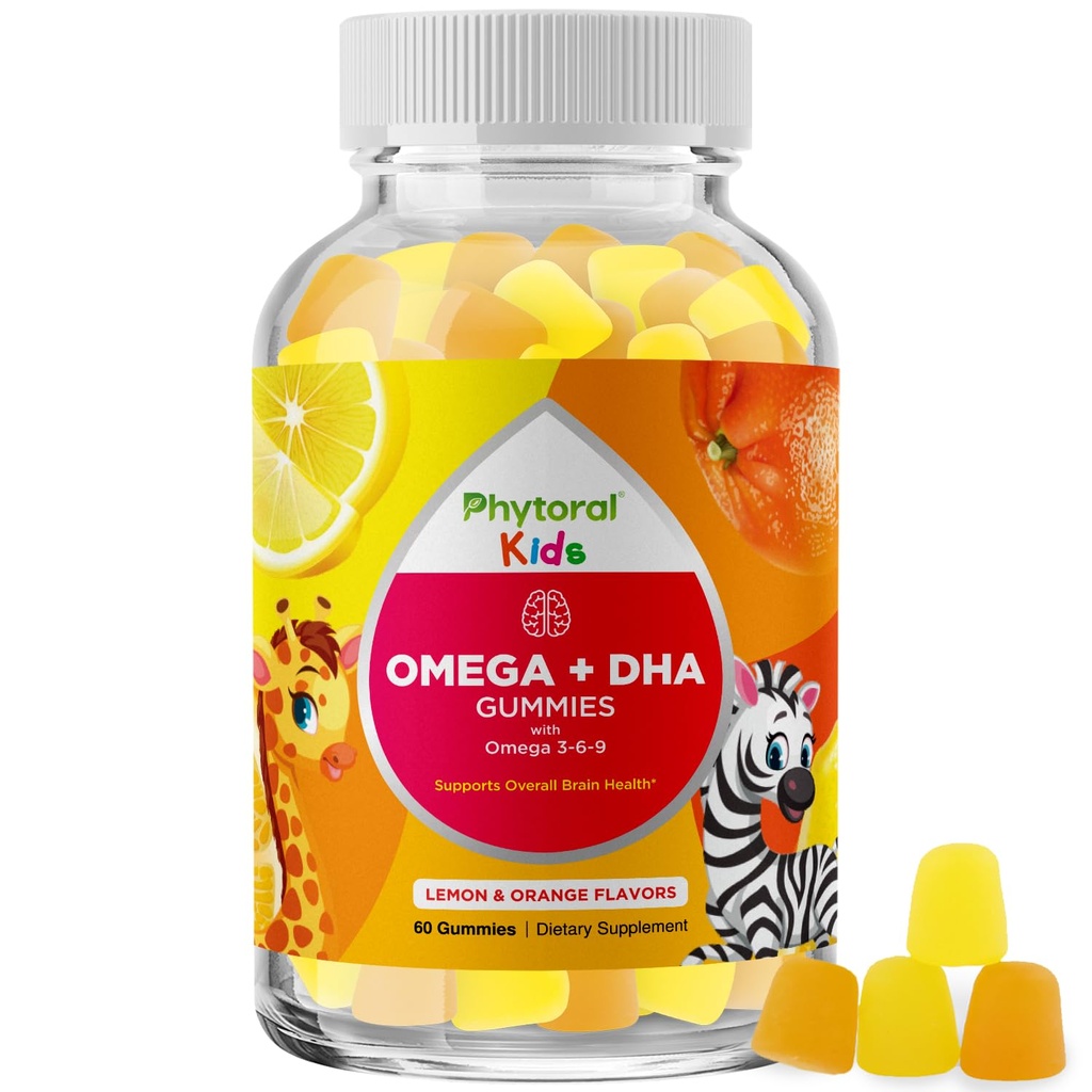 Kinderen Omega en DHA Gummies - Vetzuren Omega 3 6 9 met vitamine C voor visie - Voedings-DHA voor kinderen voor gezond zenuwstelsel en aandachtssteun - Visvrij - 60 Tel.
