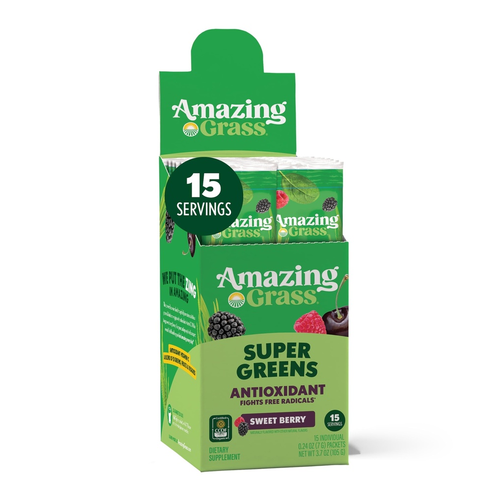 Verbazingwekkend gras Groenen Blend Antioxidant: Super Greens Poeder met Spirulina, Beetwortelpoeder, Vlierbes, Prebiotica & Probiotica, Sweet Berry, 15 Servers (Verpakking mei Vary)