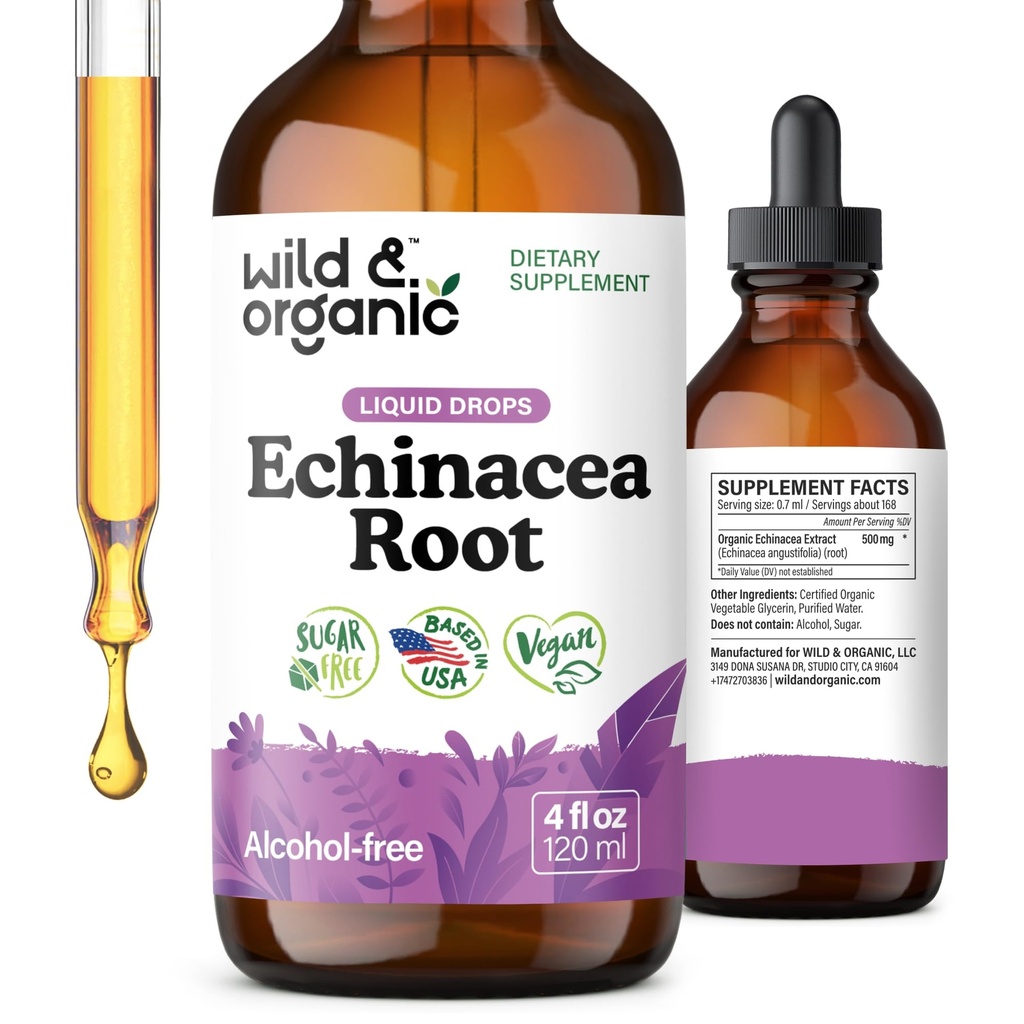 Drops d'échinacée sauvage et biologique - Supplément de soutien immunitaire avec l'échinacée Angustifolia - Teinture d'extrait de racine liquide - végétalien, sans sucre et sans alcool - 4 fl oz