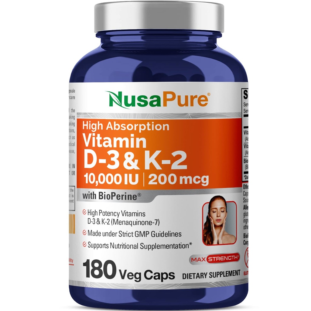 NusaPure Vitamine K2 (MK7) (200mcg) + Vitamine D3 (10000 IE) 180 Veg Caps - Bioperine, Soyfree, Non-GMO