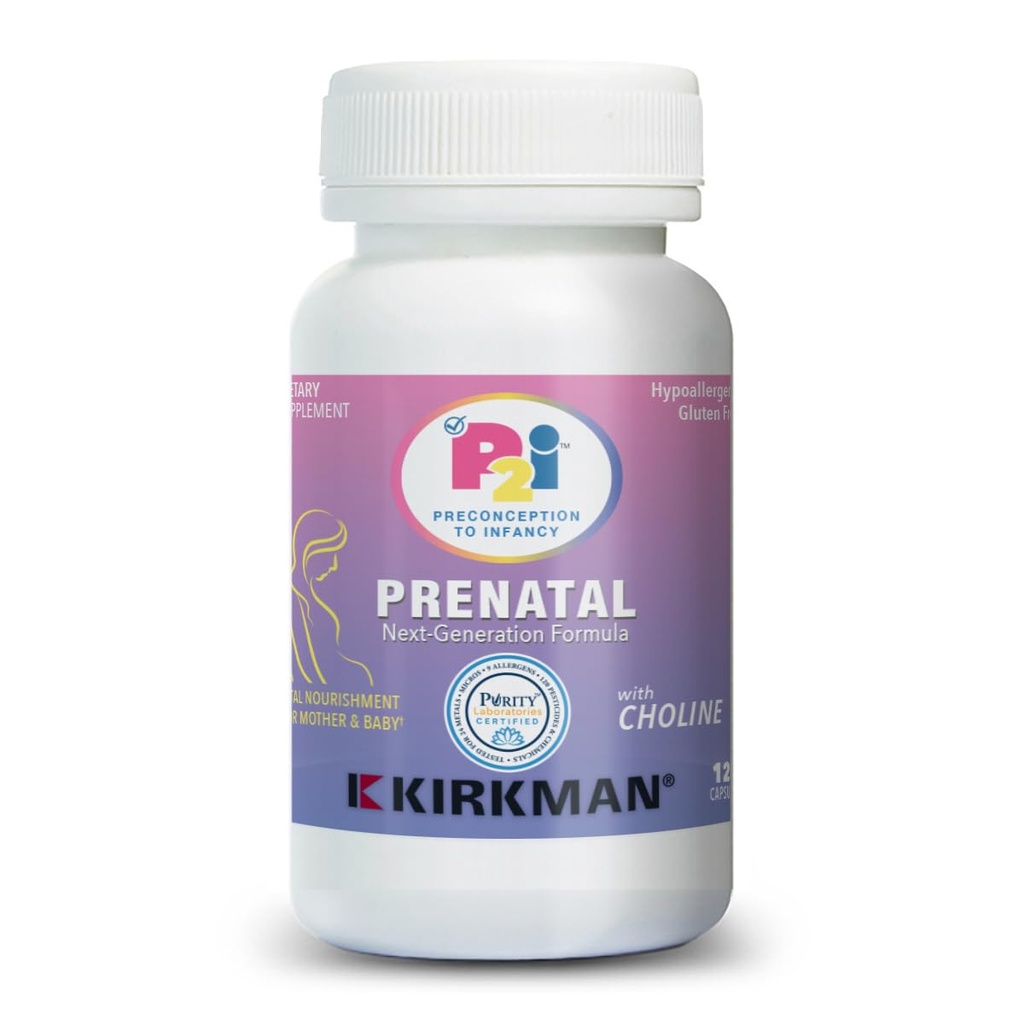 Kirkman P2i Prenatale Vitaminen voor vrouwen, Multivitamine met Choline, 120 Capsules, Vitale dagelijkse voedingsondersteuning voor gezonde moeder & Baby, OBGYN Geformuleerd & Ensigned, Hypoallergeen & Glutenvrije
