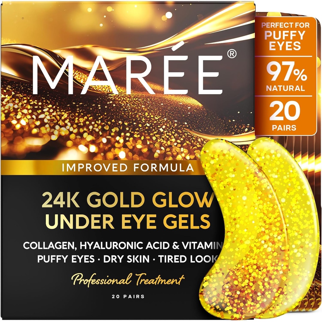 MAREE 24k Gold Under Eye Gels for Dark Circles and Puffiness - Collageen & Hyaluronic Acid Skincare Gel Pads - Gold Eye Patches for Puffy Eyes and Dark Circles - Under Eye Maskers - Travel Essentials
