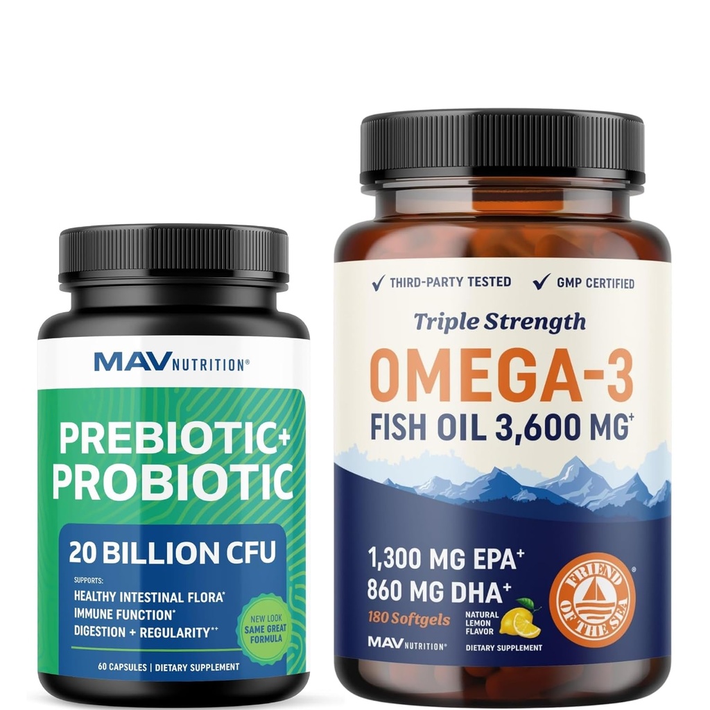 Omega 3 Visolie en Probiotische Capsules Triple Strength EPA & DHA Omega 3 Burpless Softgels Plus Probiotische en Prebiotische Capsules voor Gut Health & Immuun Ondersteuning