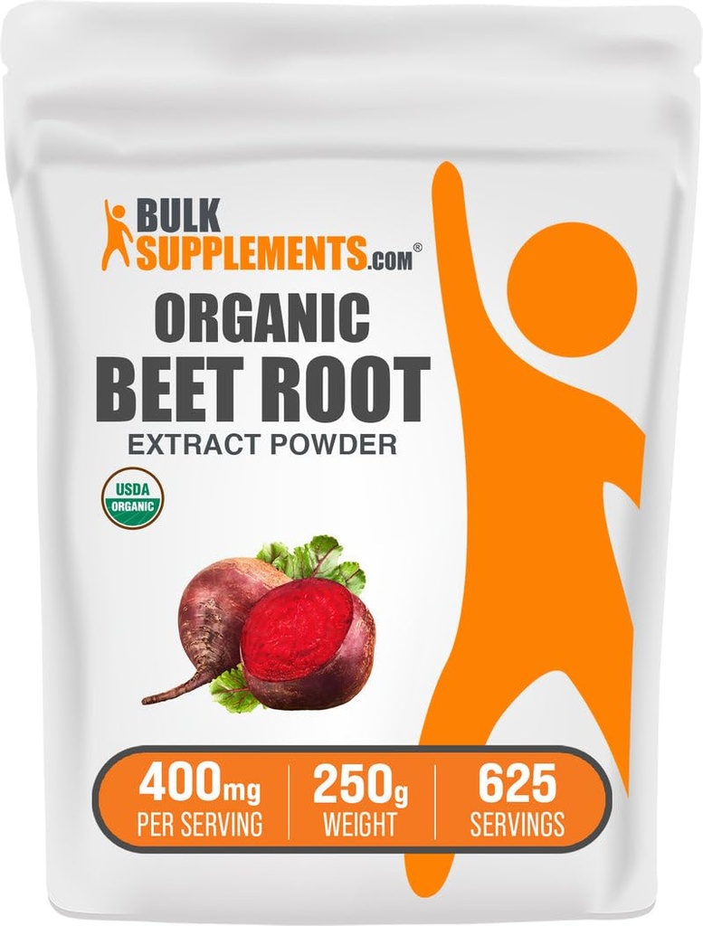 BulkSupplements.com Poudre d'extrait de racine de betterave biologique - poudre de racine de betterave, supplément d'oxyde nitrique - végétalien et sans gluten, 400mg par portion, 250g (8,8 oz) (paquet de 1)