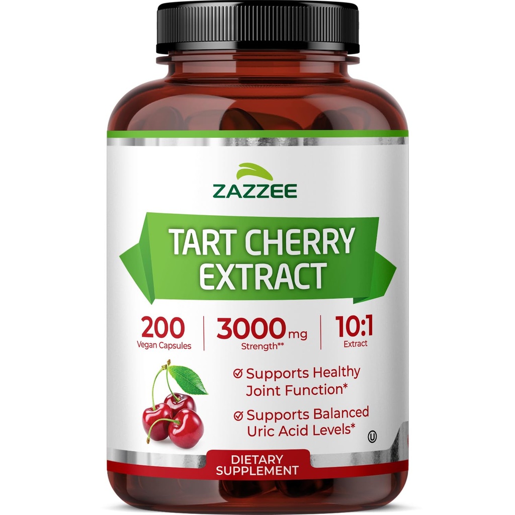 Zazzee Tart Cherry 10:1 Extract, 3000 mg sterkte, 200 Vegan Capsules, 6+ maand levering, Gecertificeerde Koosjer, Geconcentreerde en gestandaardiseerde 10X Extract, 100% vegetarisch, all-natural, Glutenvrij, Niet-GMO