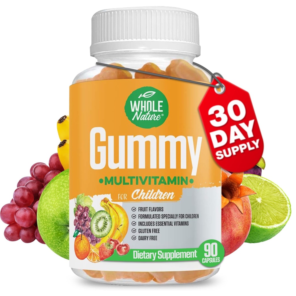 Kids Gummy Multivitamine - Complete Dagelijkse Essentials Kinderen Vitaminen en Mineralen voor algemene Wellness, 90 Gummies. Fruit smaak, Geen kunstmatige suiker, zuivel en glutenvrij