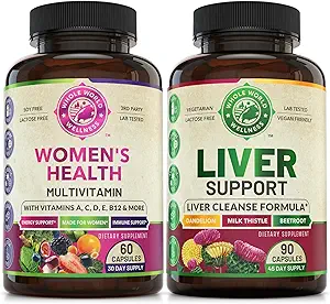 Womens Daily Multivitamines & Lever Reiniging Detox Reparatie Formule (één fles elke) - Ondersteunt Holistische Wellness, Energie Boost, Focus & Lever Gezondheid. Gemaakt in de VS.