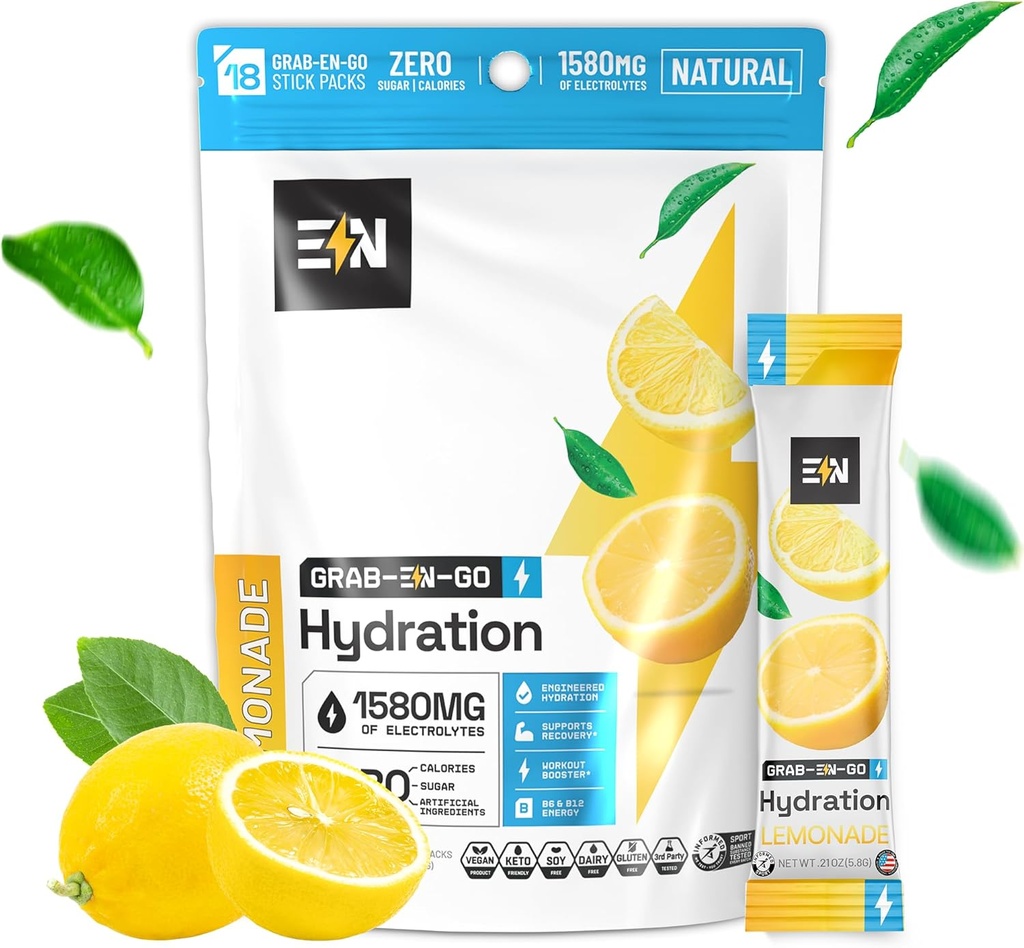 Nutrition artificielle Paquets en poudre d'électrolytes sans sucre - Saveur de citron - Paquets d'hydratation kéto avec/Magnésium, potassium et sodium - Zéro calories, végétalien, non-OGM, sans gluten - 18 portions individuelles