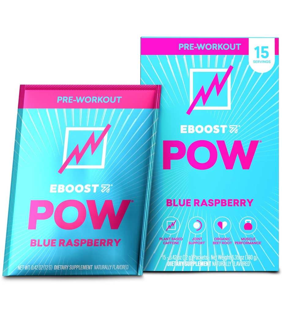EBOOST POW Natural Pre Workout Powder - 15 Packets, Blue Raspberry - Preworkout Energy Booster Gym Supplement Drink Mix for Men and Women - Performance, Joint Mobility Support - Gluten-Free