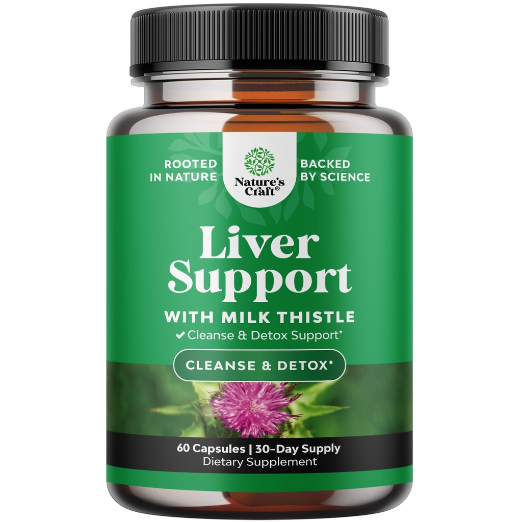 Milk Thistle Liver Support Supplement - Herbal Liver Supplement with Silymarin Milk Thistle Extract Dandelion Root Artichoke Extract Choline Bitartrate Berberine and Chicory Root for Cleanse 60 Count