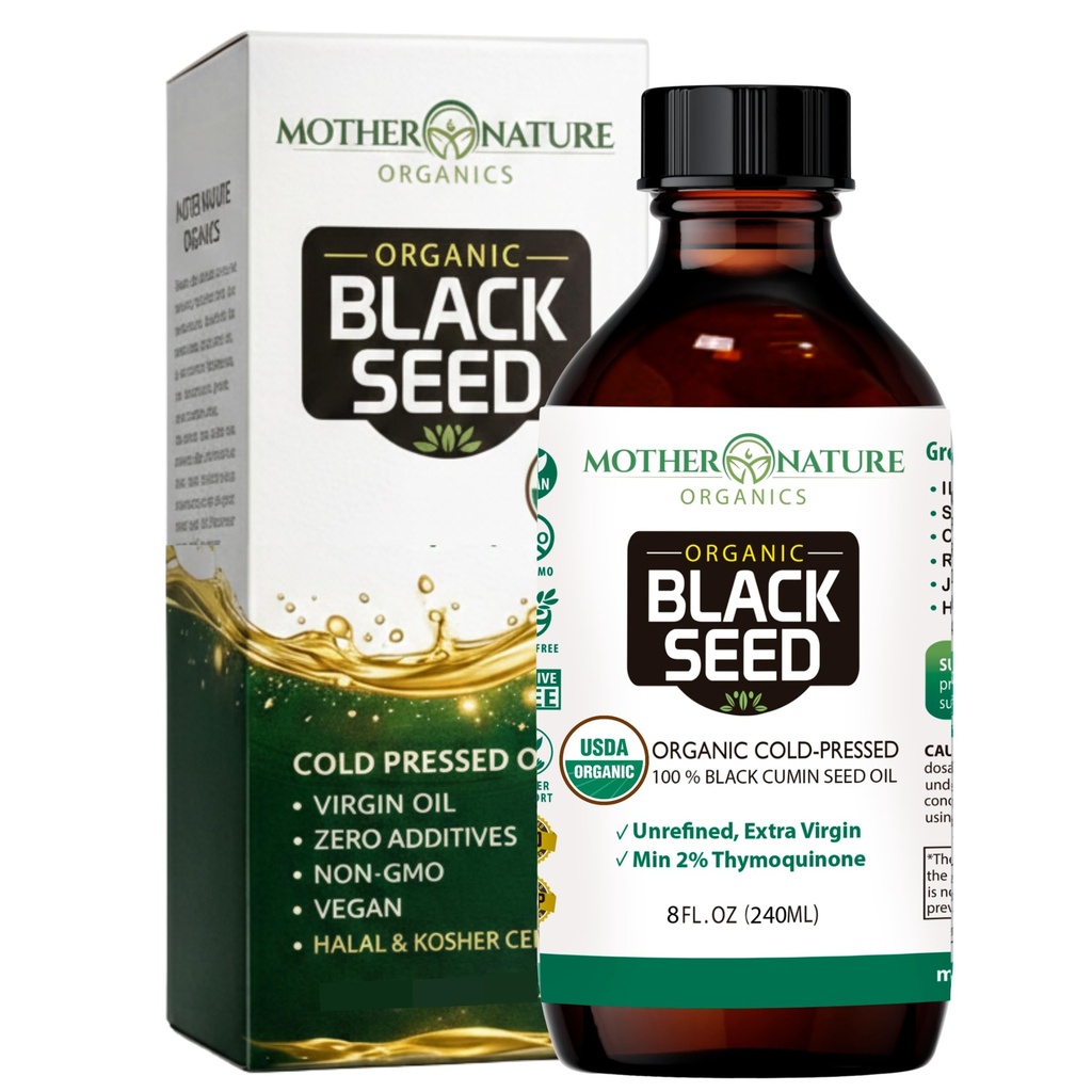 Mère Nature USDA Huile de graine noire biologique, haute TQ 2%, pressé à froid, Nigella Sativa non raffinée, Omega 3 6 9 pour Immune, Soutien articulaire et cardiaque, Cheveux et peau, Non-OGM, Bouteille de verre (8oz)