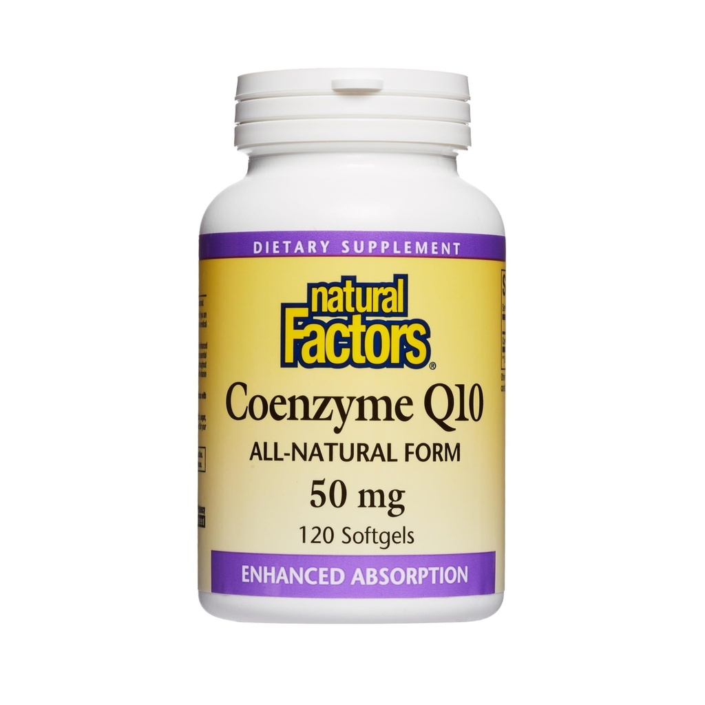 Natuurlijke Factoren, Co-enzym Q10 50mg, CoQ10 Supplement voor Energie, Hart en Antioxidant Ondersteuning, Glutenvrij, 120 softgels (120 porties)