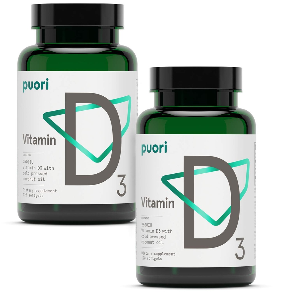 Puori Vitamine D3 Softgels, 2500 IE (62,5 mcg) - Snelle absorptie van vitamine D3 Supplementen voor Immuunsysteemondersteuning, botgezondheid en dichtheid en gezonde spierfuncties - Non-GMO & Glutenvrije - 240 Tel.