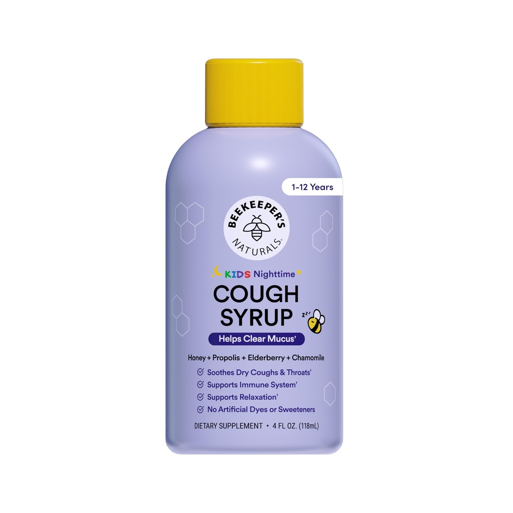 Beekeeper's Naturals Propolis Honey Cough Syrup Nighttime for Kids Immune Support with Propolis, Elderberry & Raw Honing - Slaapondersteuning met kamille & L-Theanine - Glutenvrij, 4 oz.