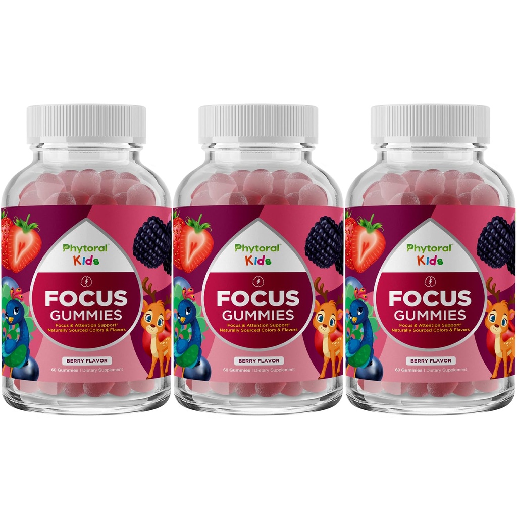 Vegan Kids Focus Gummies - Krachtige Kauwbare Hersenondersteuning voor kinderen - Verbetert de concentratie en het geheugen - Kalmerende Supplementen & Focus Gummies voor kinderen - Niet-GMO & Glutenvrije - 60 Count - 3 Pack