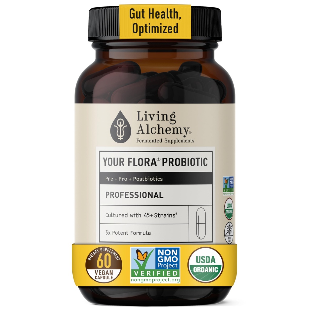 Levend Alchemie Gut Health Supplementen voor mannen en vrouwen - Uw Flora Probiotic Professional Digestie Supplement met Gefermenteerd Soja, Prebiotica, Digestieve Enzyme - Vegan, Non-GMO, 60 stuks