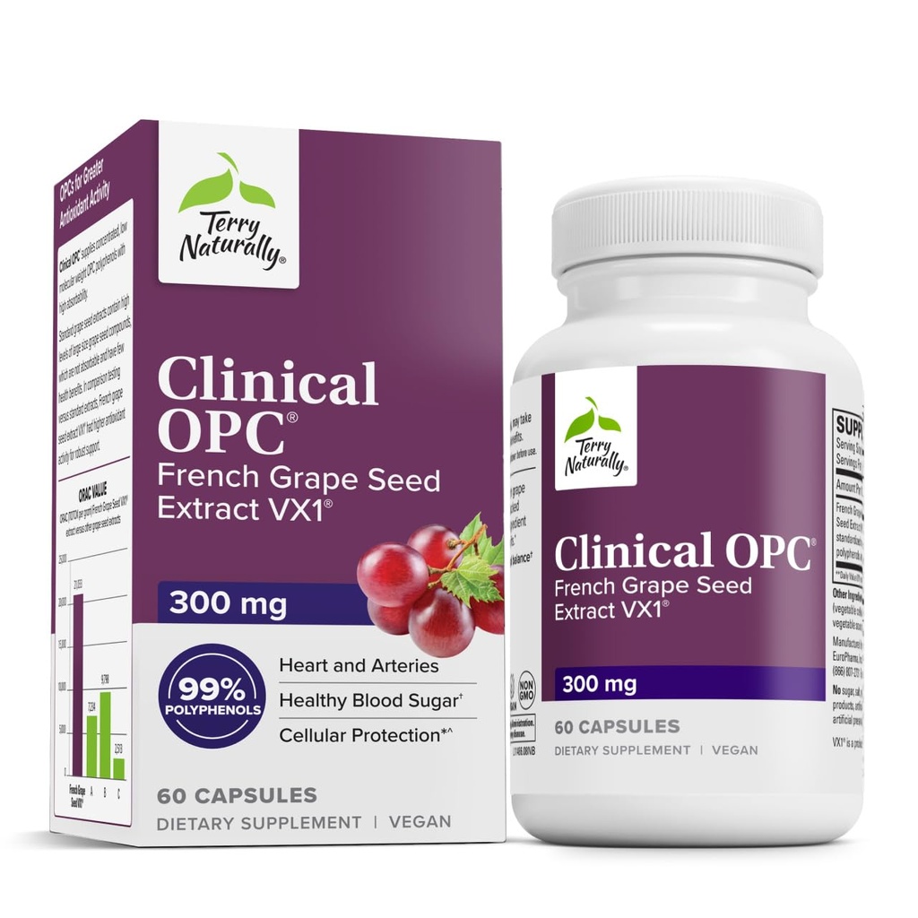 Terry naturellement Clinical OPC - Supplément de soutien cardiovasculaire et focus - Supplément alimentaire avec extrait de graines de raisin et lécithine de tournesol - Supplément de soutien immunitaire - 300 mg, 60 Softgels