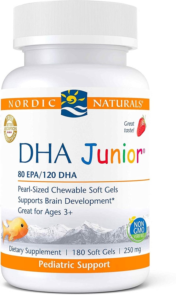 Nordic Naturals Pro DHA Junior, Aardbei - 180 Mini Kauwbare Zachte Gels - 250 mg Totaal Omega-3s met EPA & DHA - Hersenontwikkeling en visuele functie - Non-GMO - 45 Servers