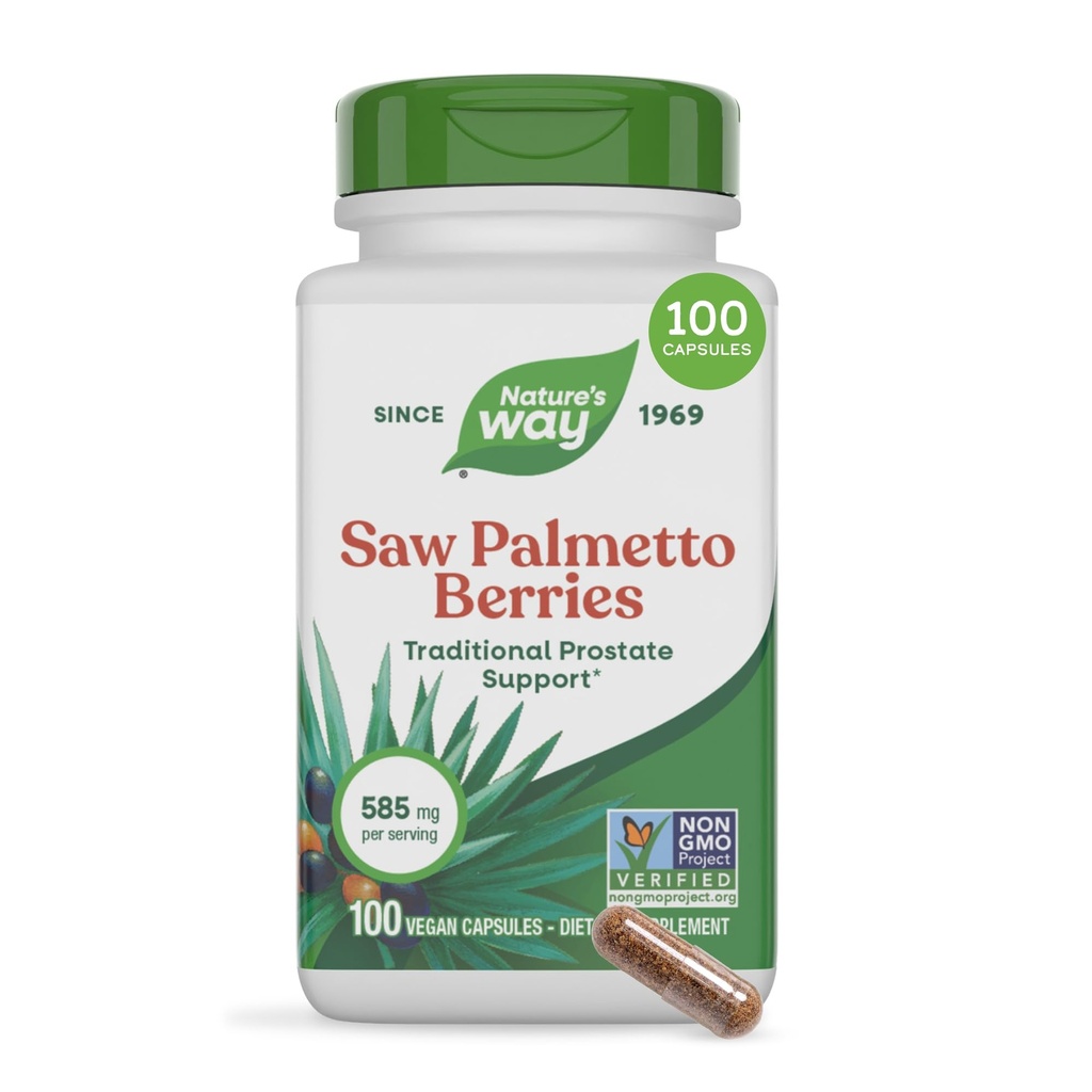 Nature's Way Saw Palmetto Berries, soutien prostate traditionnel*, 585 mg par portion, Projet non-OGM vérifié, végétalien, 100 capsules (paquetage May Vary)
