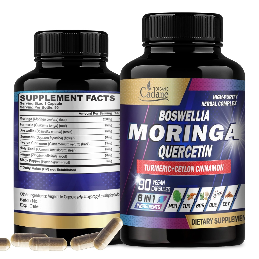 Feuille de la Cadane Moringa bio avec curcuma, boswellia, quercetin, ceylan cannelle, basilic, gingembre et poivre noir - Suppléments 8in1 - 90 Capsules de légumes pour 3 mois d'approvisionnement