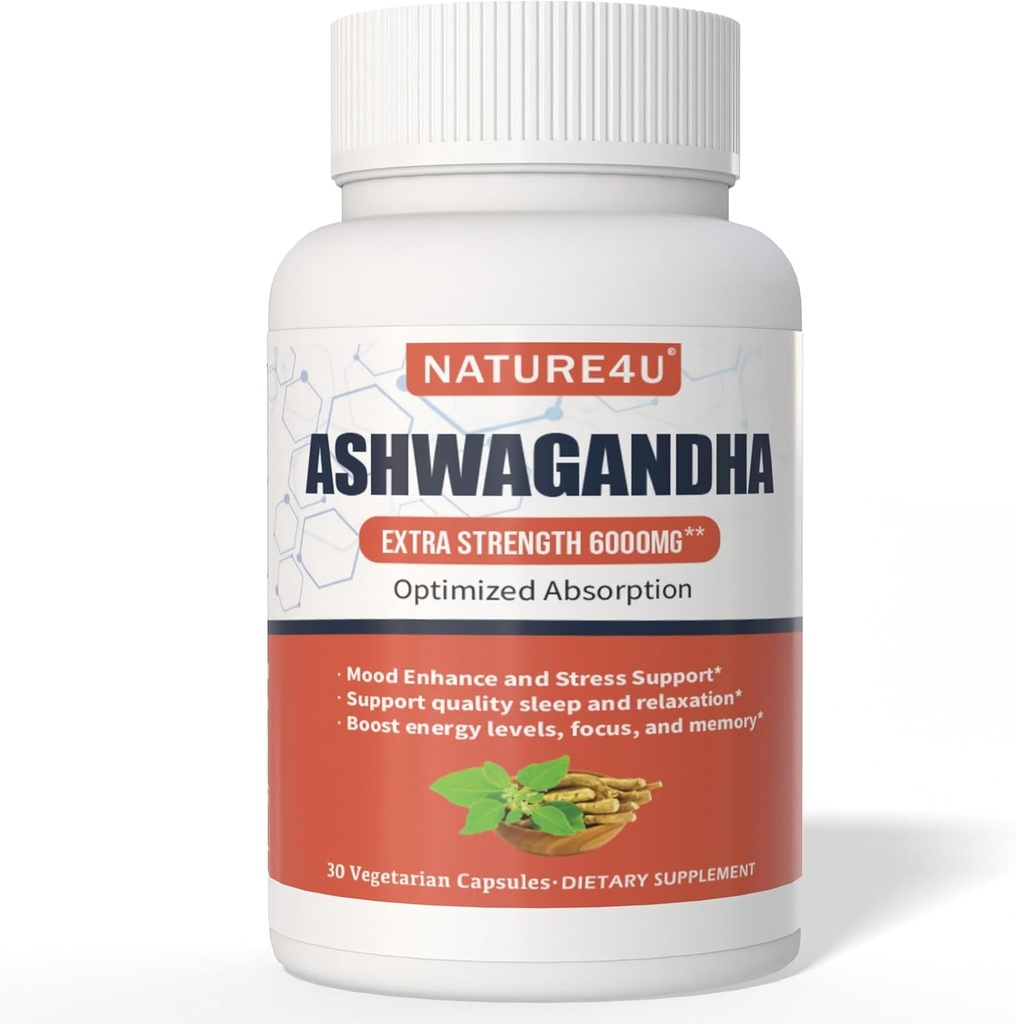 Ashwagandha 6000mg Maximale sterkte, geoptimaliseerde absorptie met zwarte peper en gemberwortel, natuurlijke adaptogen Mood & Stress Support, slaap & energie ondersteuning, 30 Vegan capsules 1 maand