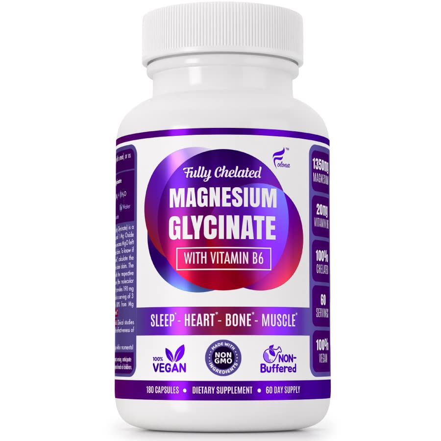 Magnesium Glycineren met vitamine B6 Onderzoek Bewezen om de absorptie te verbeteren, 1350mg volledig chelated - Ondersteunt slaap, stress verlichting, energie, spierkrampen - Glutenvrij, NonGMO, 180 Vegan Capsules