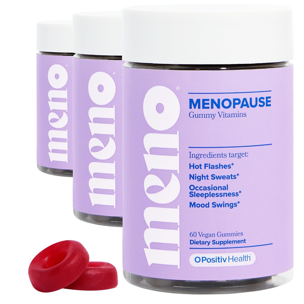 O Positiv MENO Gummies pour la ménopause, 30 portions (paquet de 3) - Suppléments sans hormones pour les femmes avec Cohosh noir et Ashwagandha KSM-66 - aide à atténuer les éclairs chauds, les sueurs nocturnes, et les ailes d'humeur