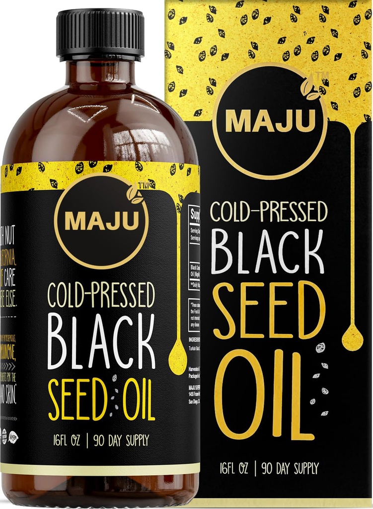 MAJU's Black Seed Oil 16oz: 3X Thymochinon, Cold Pressed, 100% Turkish Black Cumin Nigella Sativa Seed Oil (Better Than Organic), Non-GMO, 100% Liquid Pure Blackseed Oil, Glass Bottle