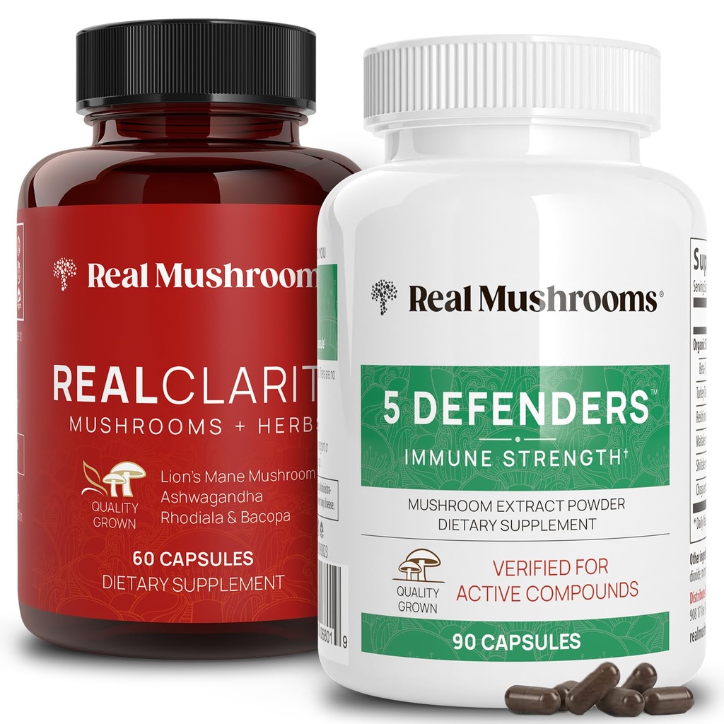 Real Mushrooms RealClarity (60ct) et 5 Defenders (90ct) Capsules Bundle - Supplément de champignons pour la clarté mentale, la concentration et la force immunitaire - Vegan, non-OGM, niveaux vérifiés de bêta-glucanes