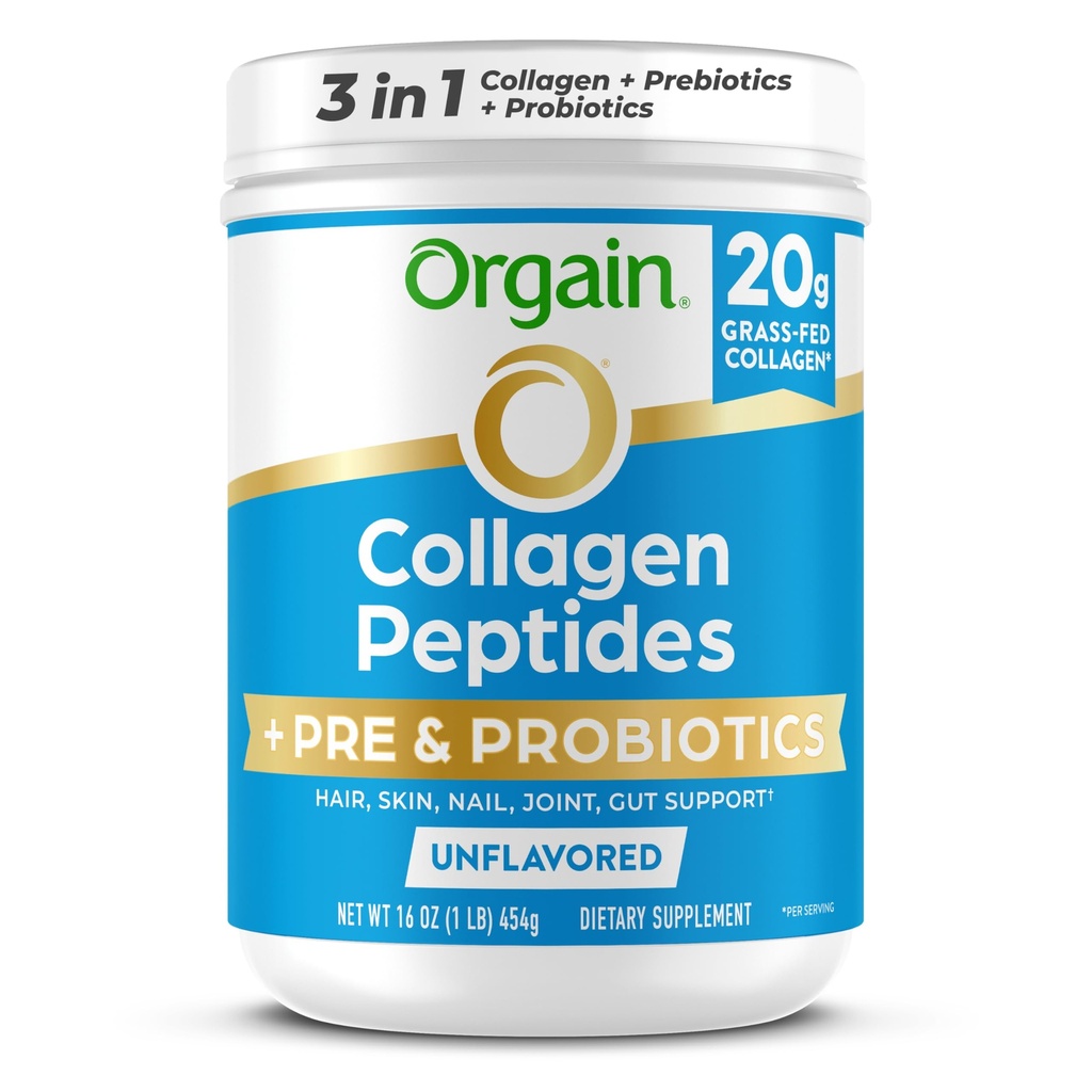 Orgain Hydrolyzed Collageen Peptides + Prebiotic & Probiotica Powder for Women & Men, 20g Grass Fed Collageen, 1 Miljard CFU - Ondersteunt Digestief, Haar, Huid & Joint Health, Non-GMO, Type I & III, 1lb
