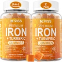 Iron Gummies + Kurkuma 600mg voor vrouwen Mannen, Iron Supplement met Multivitaminen C, A, B-Complex, Folate, Zink voor Iron Deficency, Anemie en Energie, Voorzichtig, Niet-Constipating, Chewable, Vegan, 2 Pack