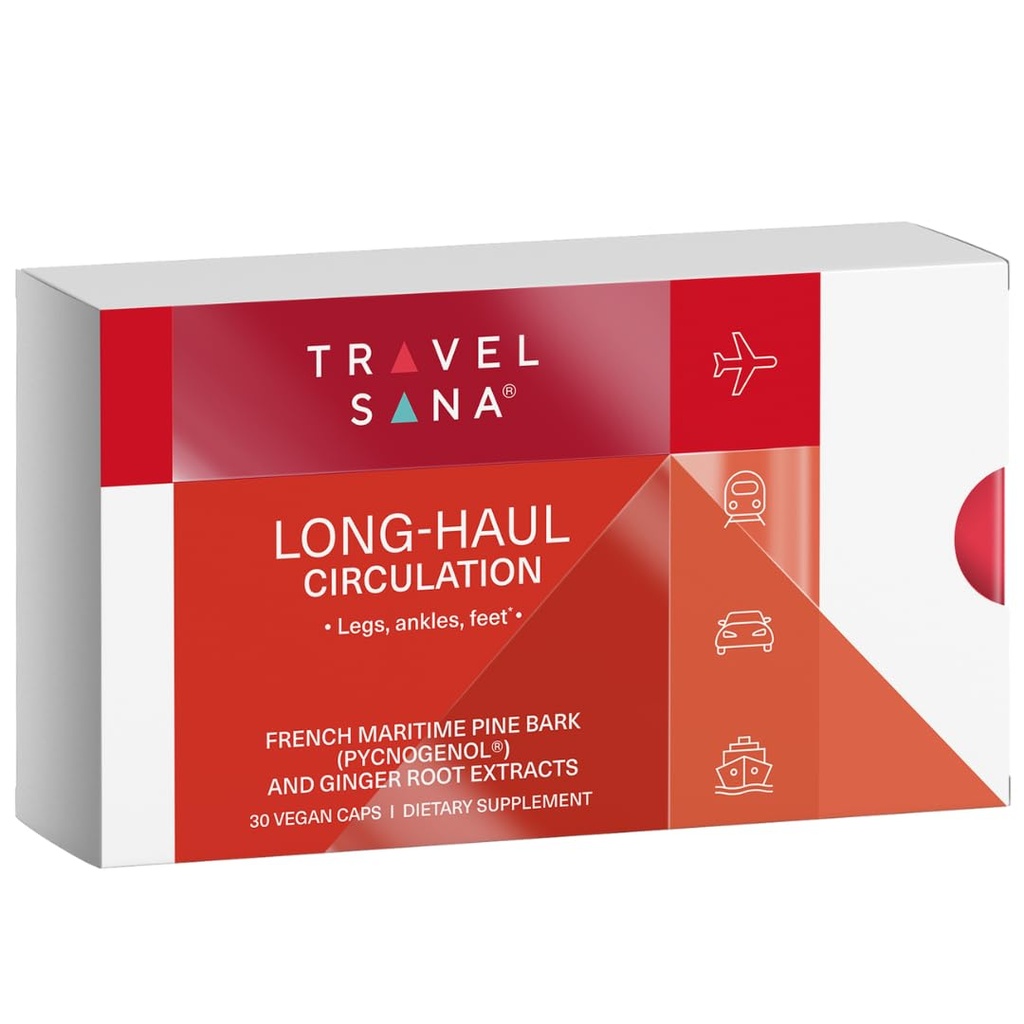 Long-Haul Circulation Relieves Leg Discomfort, Vermindert gezwollen voeten, Benen, Enkels van verlengde zitten, Travel Essentials, Pycnogenol 100mg, Gember Extract, 30 Servers (Veg Caps)