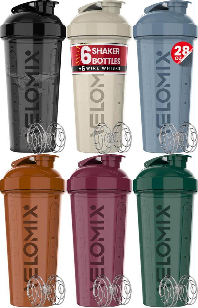 VELOMIX -6 PACK- 28 oz Protein Shaker Bottle for Protein Mixes - 6x Wire Whisk 