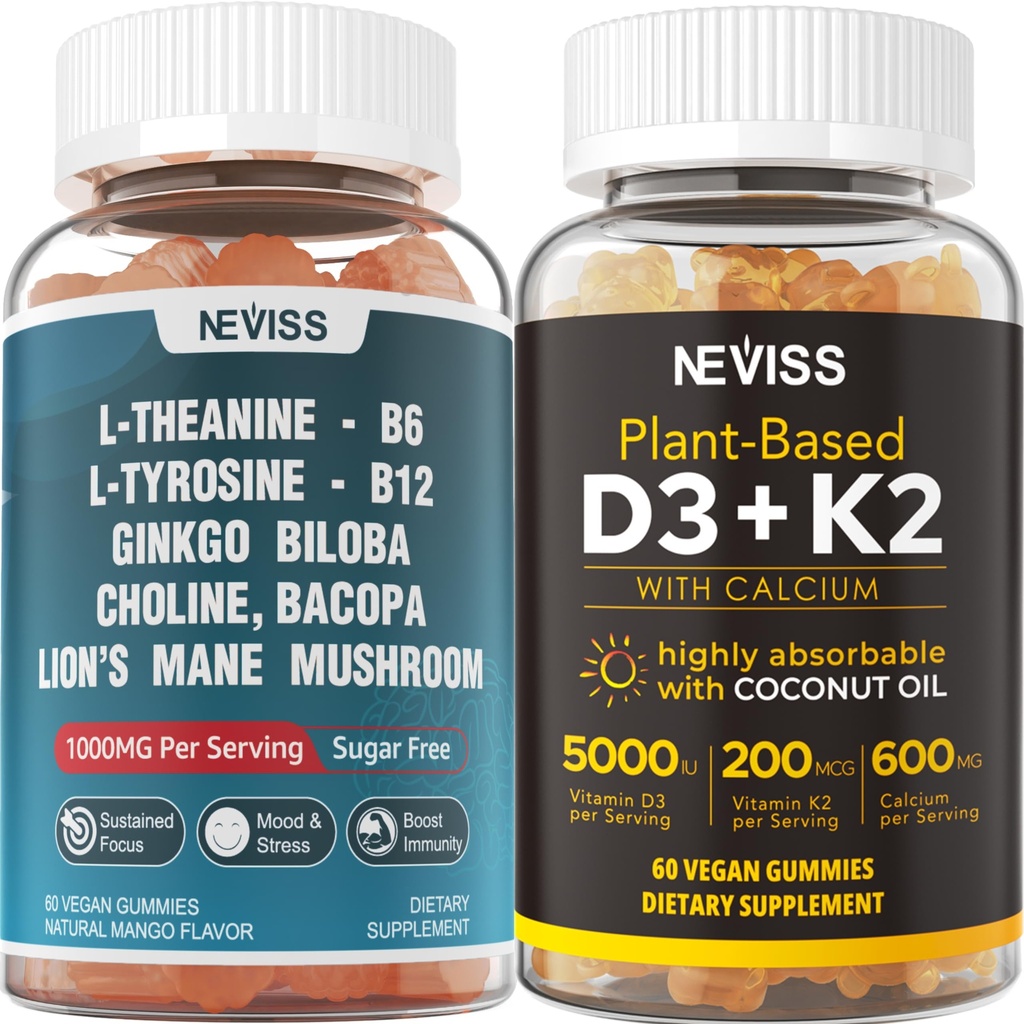 NEVISS Suikervrij L-Tyrosine L-Theanine Gummies 120 Tellingen + Suikervrij D3 5000IE K2 Gummies 120 Tellingen
