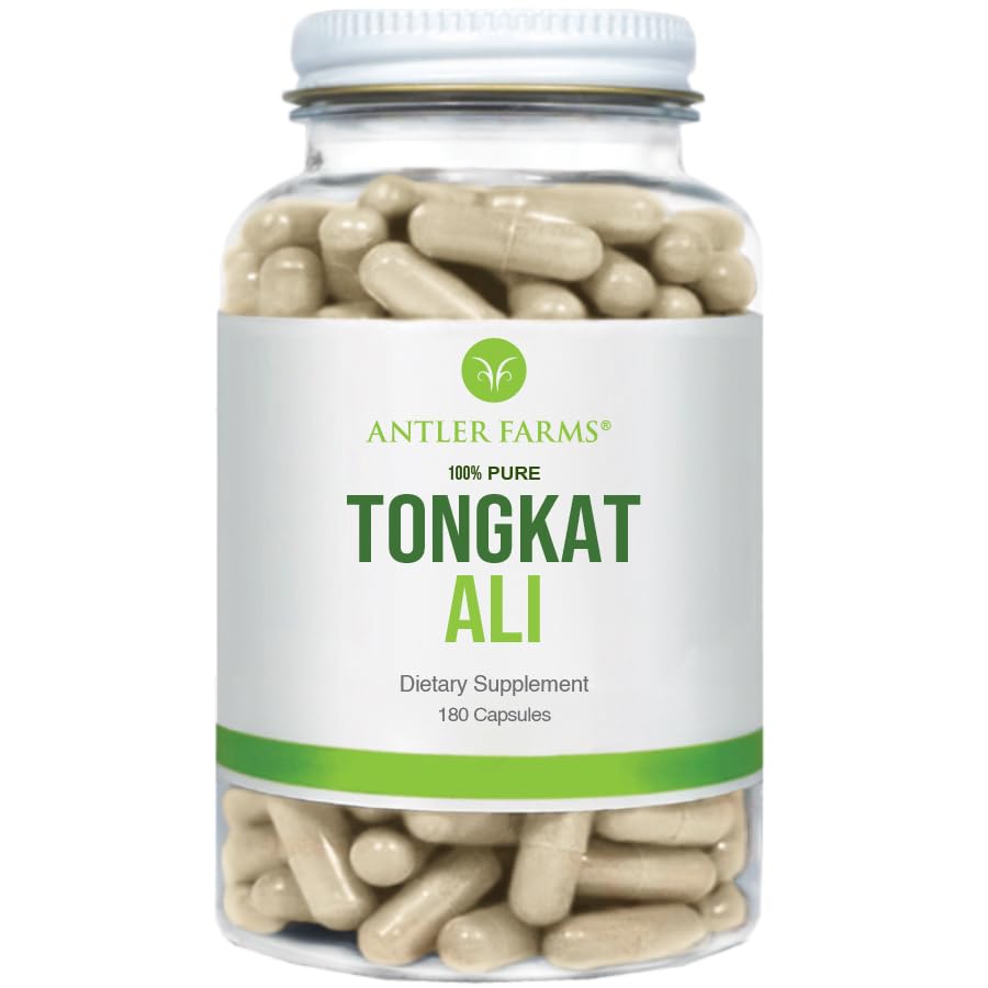 Fermes Antler - 100% pur Tongkat Ali Extrait 200:1, 180 Capsules, 500mg - Eurycoma Longifolia Racines vieillies lentes d'Indonésie – Soutien de santé des hommes, végétalien, gluten, soja et sans lait