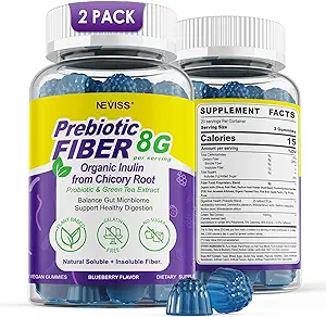 Vezel Gummies voor volwassenen 8g (Inulin, Psyllium Husk, FOS Meer) met Probiotica, Groene Thee Extract, Suikervrije Plant Based Fiber Supplement Blend voor de spijsvertering gezondheid, Regularity, Non-GMO, Veganist, 120Cts
