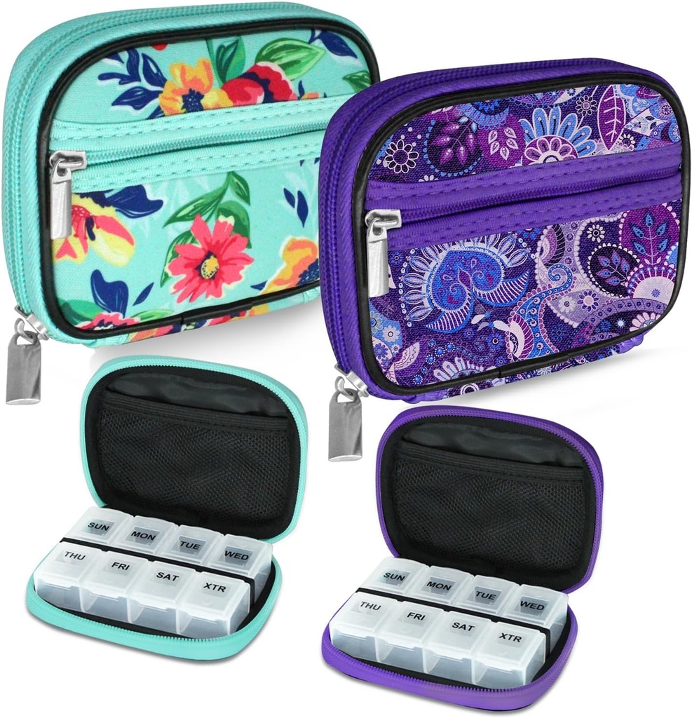 Serfeymi Weekly Travel Pill Organizer Pill Case voor Purse met verwijderbare 7 dagen pil Box, Modieuze reismedicijn Organizer Pillencontainer voor Geneeskunde, Vitamine, Supplement - Groen 01 + Paars 01